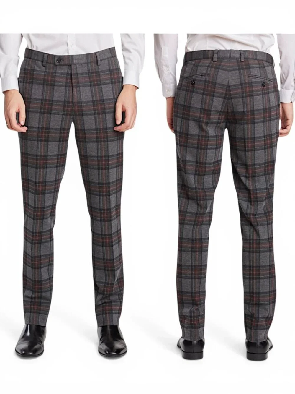 Paisley & Gray Downing Slim Stretch Tartan Plaid Charcoal Pants NWT New 42 x 32